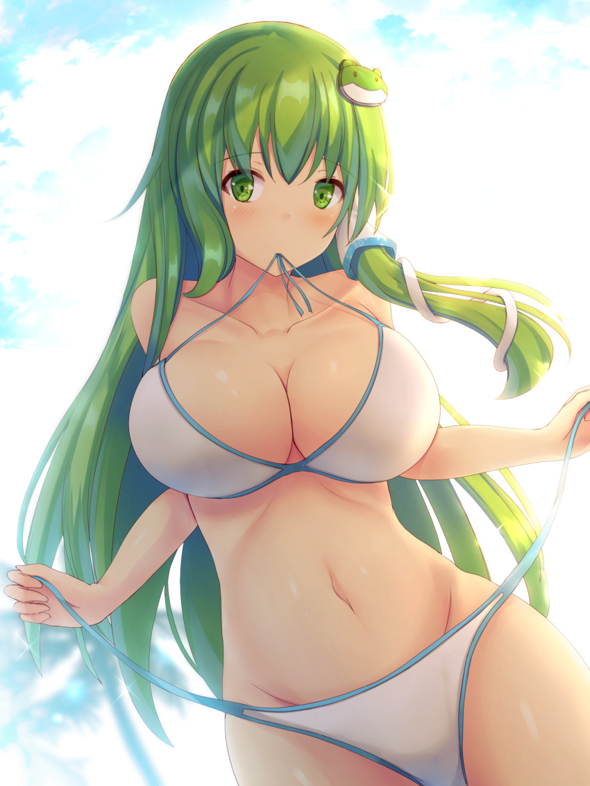 1girl absurdres alternate_costume bare_shoulders bikini blush breasts cleavage collarbone commentary_request contemporary cowboy_shot frog frog_hair_ornament green_eyes green_hair groin hair_ornament hair_tubes highres kochiya_sanae large_breasts liya long_hair looking_at_viewer midriff navel side-tie_bikini snake snake_hair_ornament solo swimsuit touhou untied untied_bikini white_bikini