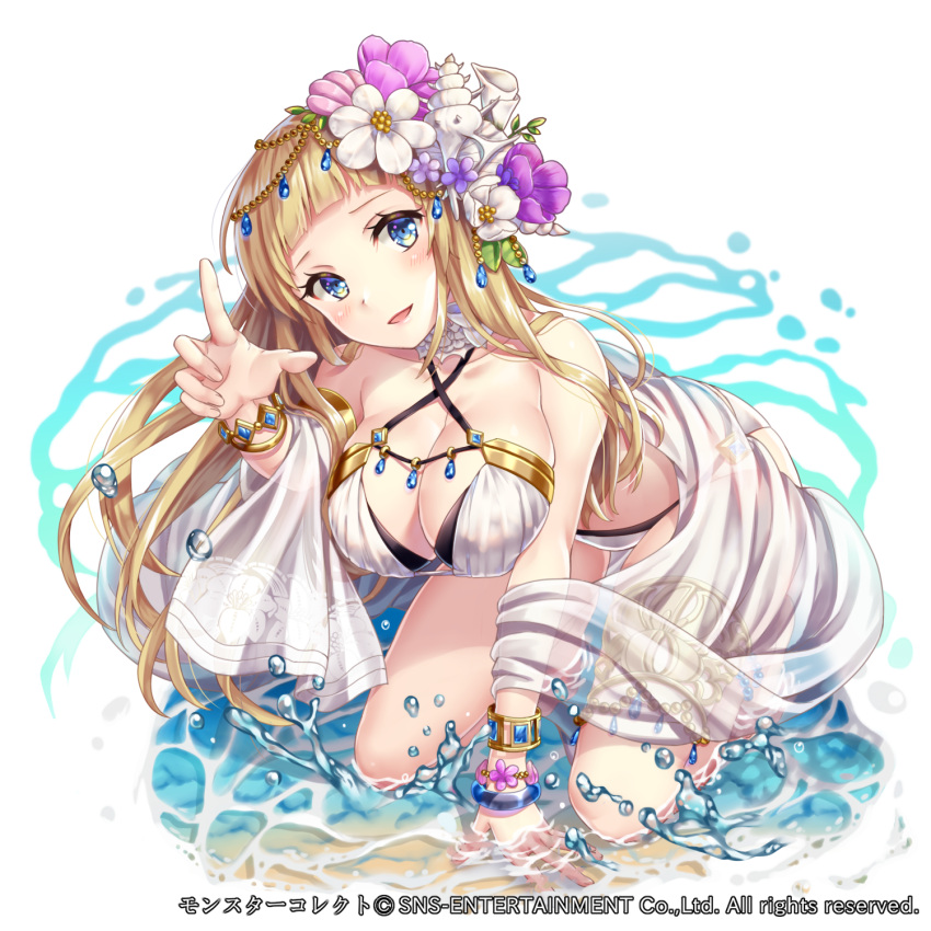 1girl anklet bangle bangs bikini blonde_hair blue_eyes blunt_bangs blush bracelet breasts cleavage fantasy flower flower_bracelet hair_flower hair_ornament hakuda_tofu highres jewelry large_breasts long_hair looking_at_viewer monster_collect ocean official_art seashell_hair_ornament see-through simple_background smile solo swimsuit thighlet thighs very_long_hair water white_background white_bikini