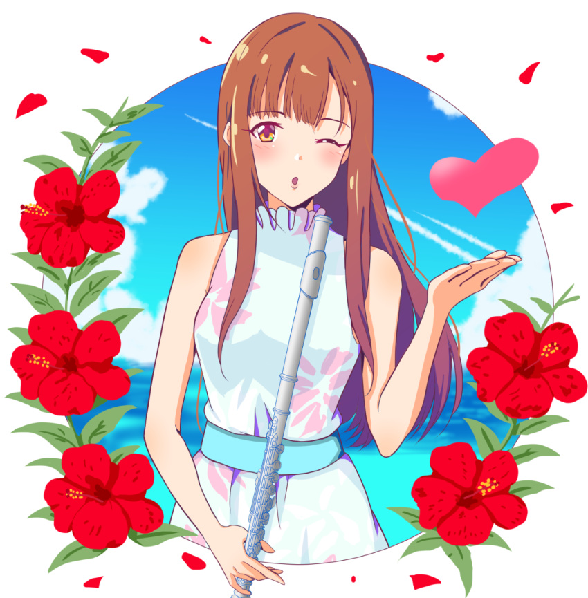 1girl brown_eyes brown_hair dress floating_hair floral_print flower heart hibiscus highres holding holding_instrument idolmaster idolmaster_cinderella_girls instrument long_hair looking_at_viewer mizumoto_yukari one_eye_closed open_mouth petals print_dress red_flower shiny shiny_hair sleeveless sleeveless_dress solo standing toufuu very_long_hair white_dress