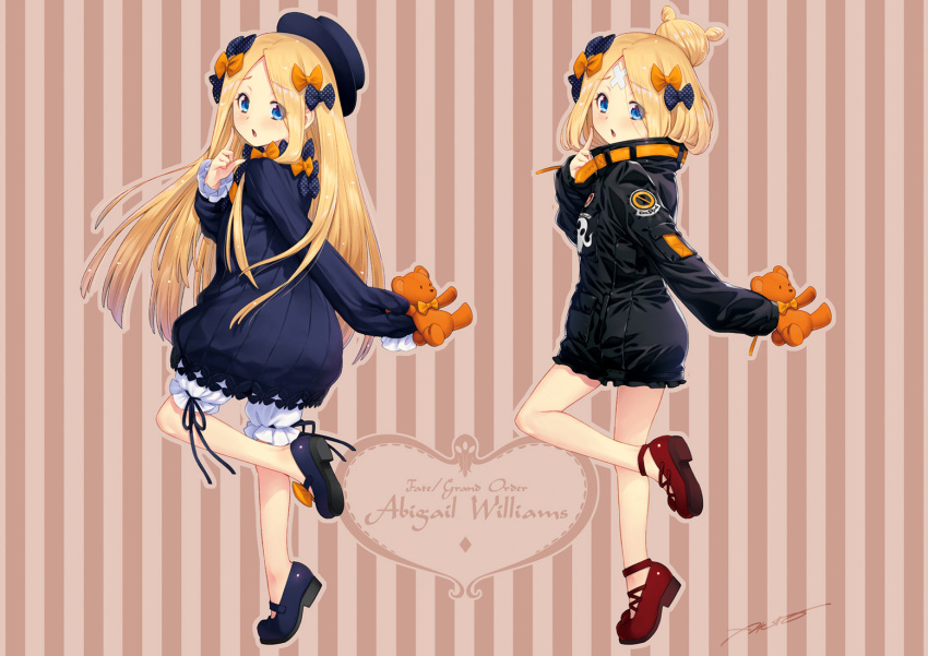 2girls abigail_williams_(fate/grand_order) alternate_hairstyle bandaid_on_forehead bangs belt black_bow black_dress black_hat black_jacket blonde_hair bloomers blue_eyes blush bow character_name commentary_request dress dual_persona fate/grand_order fate_(series) forehead full_body hair_bow hair_bun hat high_collar holding holding_stuffed_animal index_finger_raised jacket kazuma_muramasa legs loafers long_hair looking_at_viewer multiple_girls open_mouth orange_bow parted_bangs polka_dot polka_dot_bow shoes sleeves_past_fingers sleeves_past_wrists solo striped striped_background stuffed_animal stuffed_toy teddy_bear thighs underwear white_bloomers