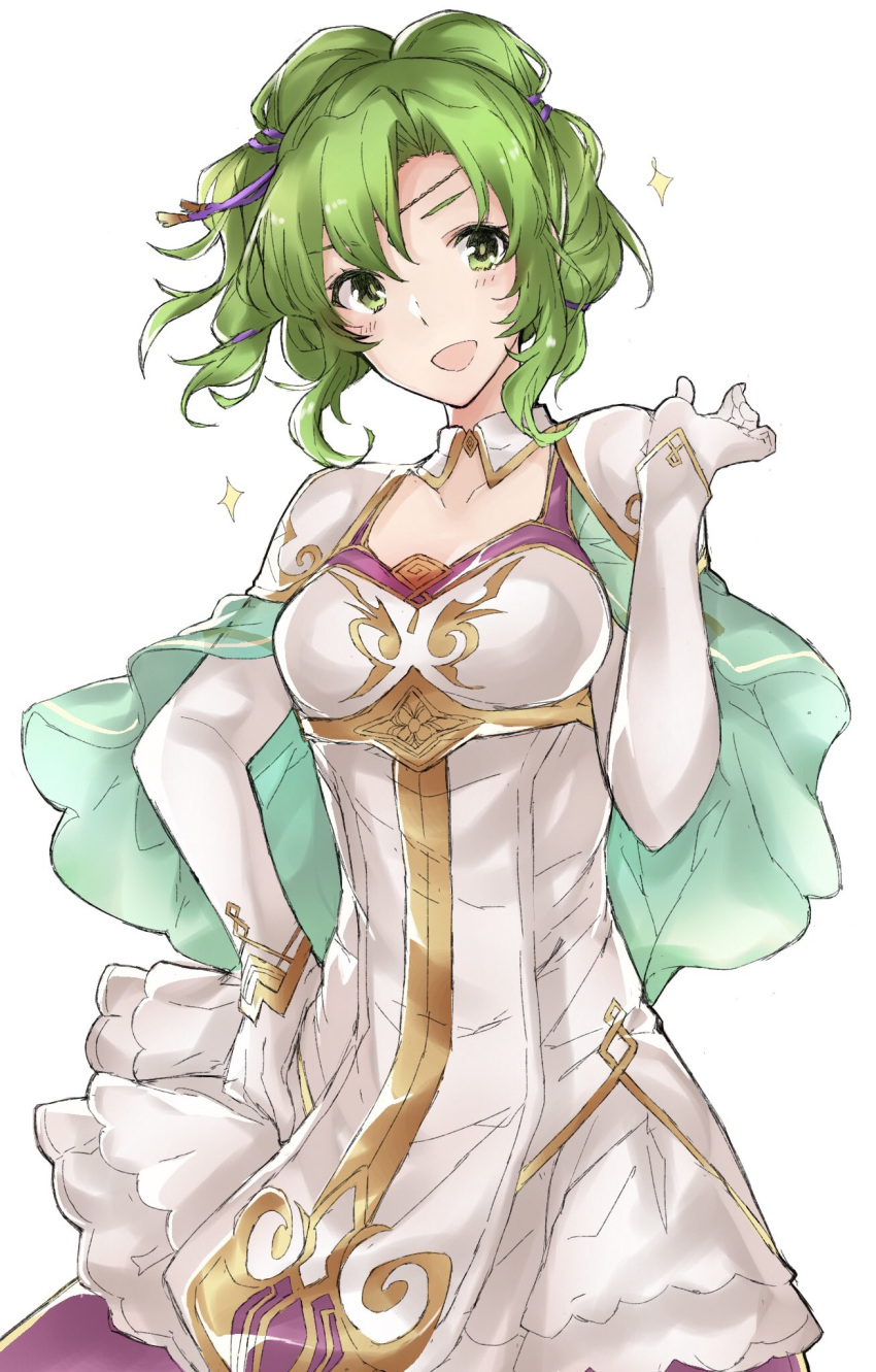 1girl aiueo1234853 dress fire_emblem fire_emblem:_seima_no_kouseki gloves green_eyes green_hair hand_on_hip highres l'arachel open_mouth shoulder_pads simple_background solo sparkle white_background white_dress white_gloves