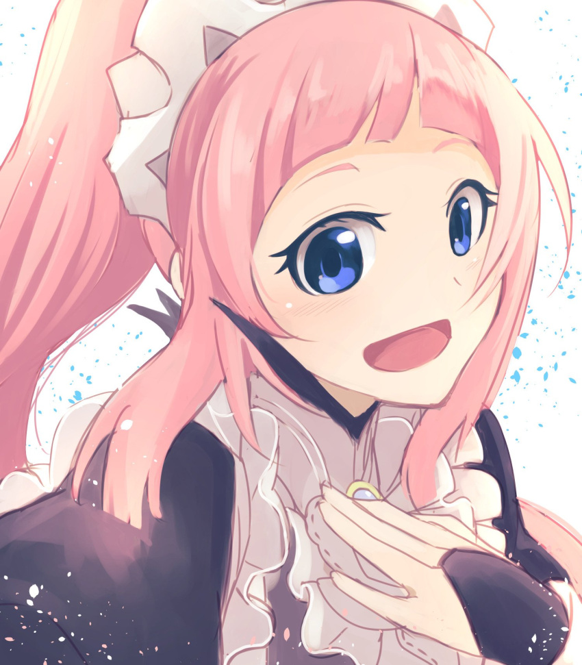 1girl blue_eyes bridal_gauntlets felicia_(fire_emblem_if) fire_emblem fire_emblem_if highres long_hair maid maid_headdress nakabayashi_zun open_mouth pink_hair ponytail simple_background solo white_background