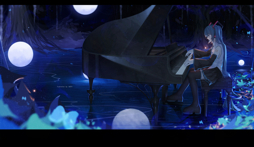 1girl absurdly_long_hair artist_name bagus_casbon black_footwear black_skirt blue_eyes blue_hair blue_neckwear boots crying crying_with_eyes_open detached_sleeves from_side full_body hair_between_eyes hatsune_miku headphones highres instrument long_hair miniskirt music necktie night outdoors piano playing_instrument pleated_skirt shirt sitting skirt sleeveless sleeveless_shirt solo tears thigh-highs thigh_boots twintails very_long_hair vocaloid white_shirt zettai_ryouiki
