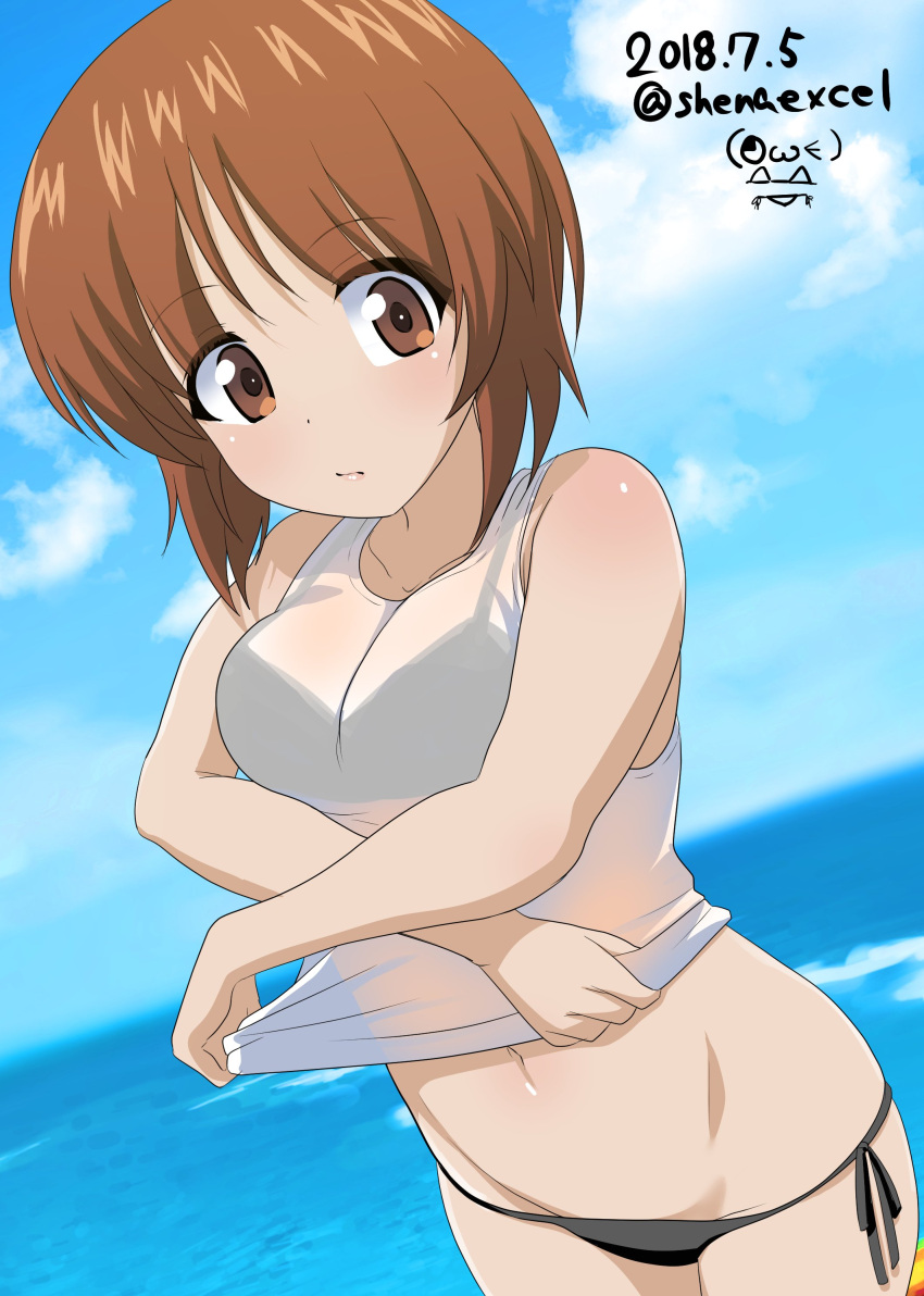 1girl absurdres bangs bikini black_bikini blue_sky blurry blurry_background breasts brown_eyes brown_hair closed_mouth clouds cloudy_sky commentary_request cowboy_shot dated depth_of_field dutch_angle excel_(shena) eyebrows_visible_through_hair girls_und_panzer highres lifted_by_self light_frown looking_at_viewer lowleg lowleg_bikini medium_breasts nishizumi_miho no_pants ocean partial_commentary shirt shirt_lift short_hair side-tie_bikini sky solo swimsuit twitter_username undressing watermark white_shirt