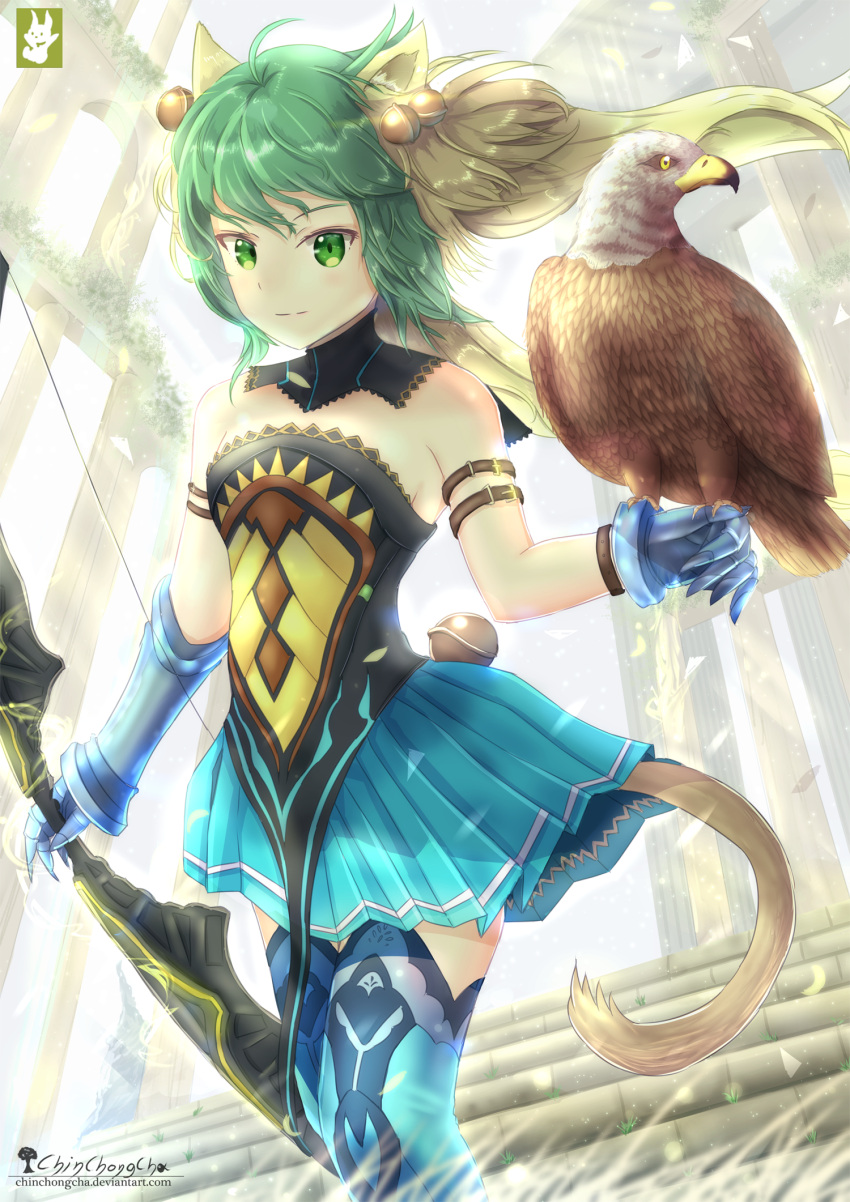 1girl animal_ears arm_belt artist_name atalanta_(fate) bird bird_on_hand blonde_hair blue_footwear blue_gloves blue_skirt boots bow_(weapon) breasts cat_ears cat_tail chinchongcha choker day fate/apocrypha fate_(series) floating_hair gloves green_eyes green_hair highres holding holding_bow_(weapon) holding_weapon miniskirt multicolored_hair outdoors pleated_skirt shiny shiny_hair sideboob skirt small_breasts solo stairs standing striped tail thigh-highs thigh_boots two-tone_hair watermark weapon web_address