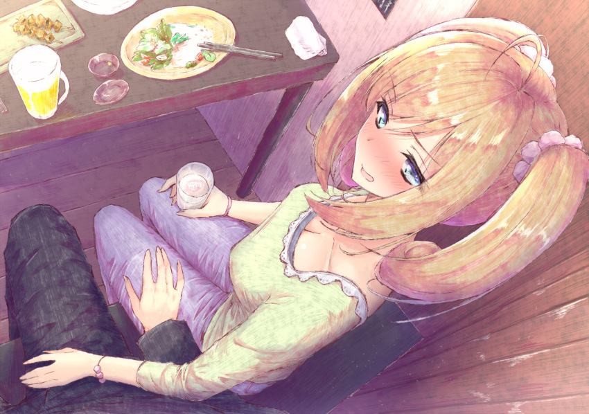 1boy 1girl ahoge aramachi black_pants blonde_hair blue_eyes blue_pants blush bracelet breasts cleavage cup denim drinking_glass drunk eyebrows_visible_through_hair from_above hair_between_eyes hair_ornament hand_on_another's_leg highres holding holding_drinking_glass idolmaster idolmaster_cinderella_girls jeans jewelry long_hair medium_breasts open_mouth pants satou_shin shiny shiny_hair shirt sitting twintails wooden_floor