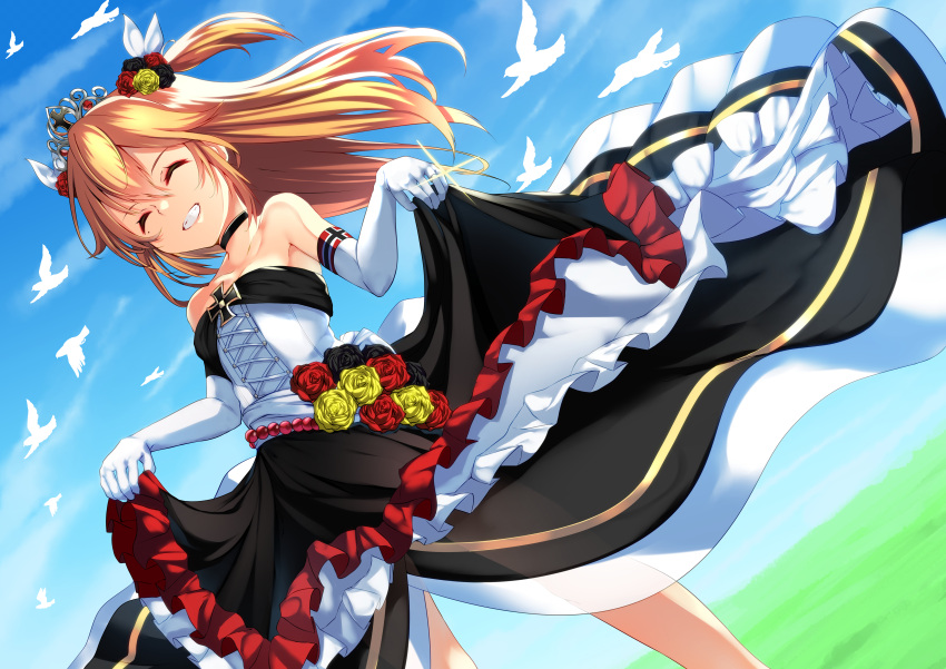 1girl absurdres admiral_hipper_(azur_lane) alternate_costume armpits azur_lane bangs bare_shoulders bird blonde_hair blue_sky blush breasts bridal_veil closed_eyes closed_mouth clouds day dress dress_lift elbow_gloves eyebrows_visible_through_hair facing_viewer floating_hair flower gloves hair_between_eyes hair_flower hair_ornament highres iron_cross jewelry lifted_by_self outdoors parted_lips red_flower red_rose ring rose seriya sky small_breasts smile tiara veil wedding_band wedding_dress wind wind_lift