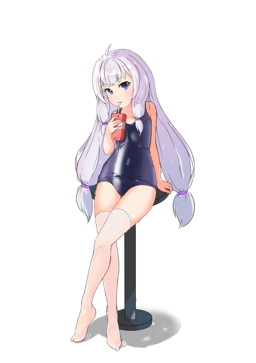 covered_navel cup drinking full_body highres legs legs_crossed long_hair low-tied_long_hair one-piece_swimsuit school_swimsuit silver_hair simple_background sitting smile soul_worker stella stool straw swimsuit thigh-highs twintails violet_eyes wet wet_clothes white_background white_legwear