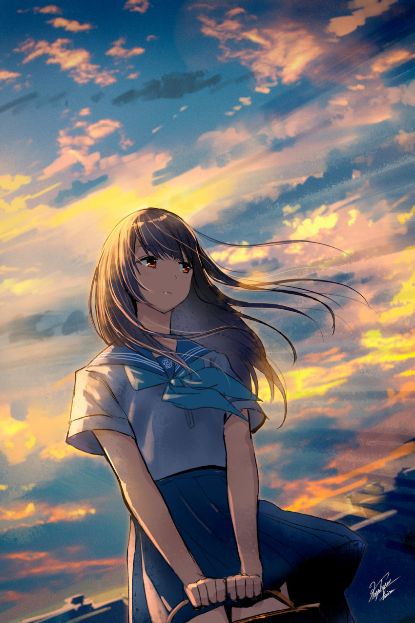 1girl bag blue_neckwear blue_skirt brown_hair clouds cloudy_sky cowboy_shot dutch_angle floating_hair grey_shirt highres holding holding_bag kazuharu_kina long_hair looking_to_the_side miniskirt original outdoors pleated_skirt red_eyes school_bag school_uniform serafuku shirt short_sleeves signature sketch skirt sky solo standing very_long_hair