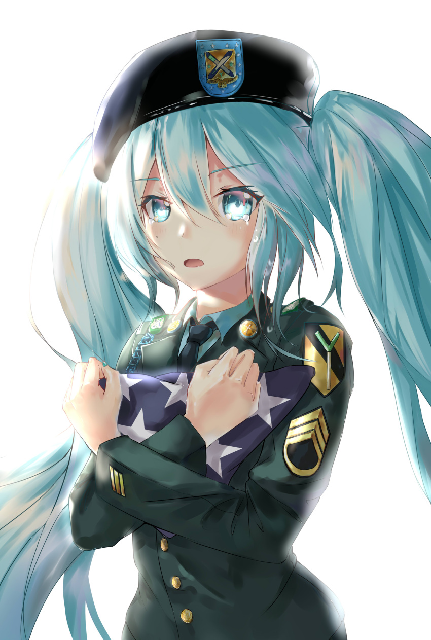 1girl absurdres black_hat black_neckwear blue_eyes blue_hair blue_shirt eyebrows_visible_through_hair floating_hair green_jacket hair_between_eyes hat hatsune_miku highres holding icefurs jacket long_hair military military_uniform necktie open_mouth shirt simple_background solo star tears twintails uniform upper_body very_long_hair vocaloid white_background