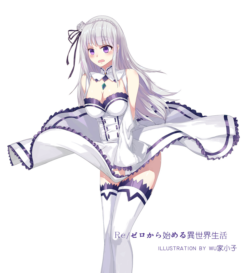 1girl artist_name bag black_ribbon blush braid breasts choker cleavage copyright_name dress dress_tug emilia_(re:zero) eyebrows_visible_through_hair floating_hair flower french_braid frilled_dress frills hair_between_eyes hair_flower hair_ornament hair_ribbon highres jewelry long_hair medium_breasts open_mouth re:zero_kara_hajimeru_isekai_seikatsu ribbon shoulder_cutout silver_hair simple_background solo standing thigh-highs very_long_hair violet_eyes white_background white_dress white_flower white_legwear wujia_xiaozi