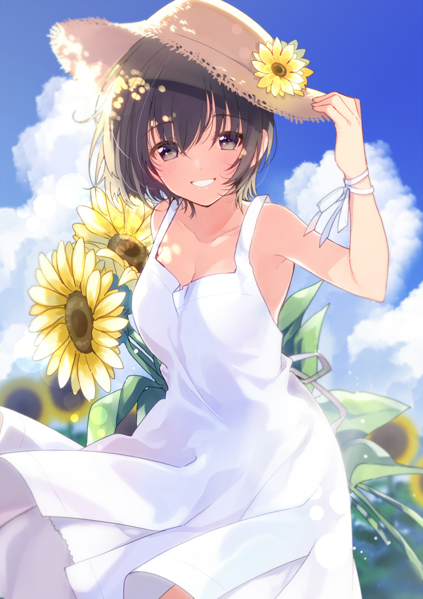 1girl black_eyes blue_sky blush breasts brown_hair cleavage clouds collarbone commentary_request day dress eyebrows_visible_through_hair flower hair_between_eyes hat hat_flower highres lips looking_at_viewer medium_breasts original outdoors parted_lips revision ribbon short_hair sky sleeveless sleeveless_dress smile solo straw_hat summer sun_hat sundress sunflower teeth u35 white_dress white_ribbon wrist_ribbon