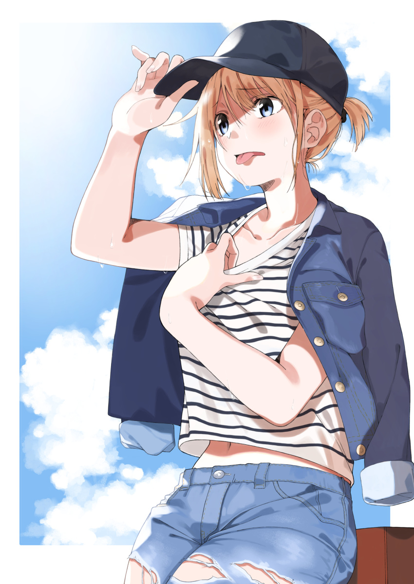 1girl absurdres amu_(258shin) black_hat blue_sky blush clouds collarbone commentary_request cutoffs day denim denim_jacket denim_shorts eyebrows_visible_through_hair hand_on_headwear hand_up hat highres horizontal-striped_shirt jacket_on_shoulders leaning_back legs_together looking_to_the_side open_mouth original outdoors outside_border pale_skin shirt shirt_pull short_hair short_ponytail short_sleeves shorts sky solo standing striped striped_shirt sweat t-shirt tongue tongue_out