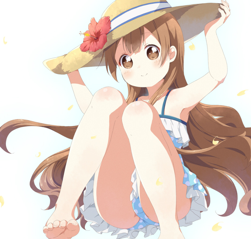 1girl barefoot blue_panties brown_eyes brown_hair flower hat long_hair looking_at_viewer oomuro_hanako panties pantyshot pantyshot_(sitting) polka_dot polka_dot_panties sitting smile solo sun_hat thighs toes toma_(shinozaki) underwear very_long_hair yuru_yuri