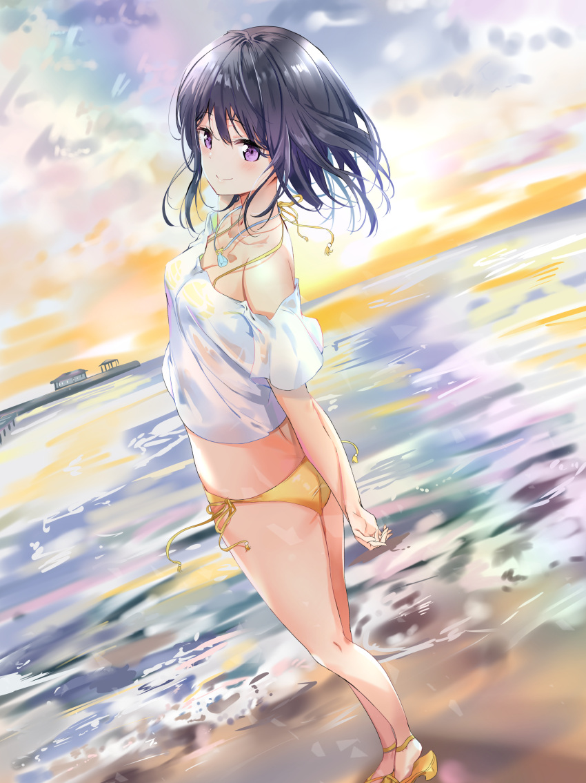 1girl absurdres adagaki_aki arm_behind_back beach bikini black_hair blush day dutch_angle floating_hair hair_between_eyes highres leaning_to_the_side long_hair masamune-kun_no_revenge ocean off_shoulder outdoors pumps shiny shiny_hair shirt short_sleeves side-tie_bikini smile solo standing sunhyun swimsuit violet_eyes white_shirt yellow_bikini yellow_footwear