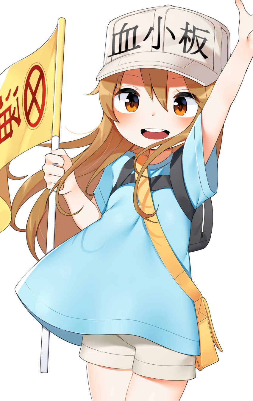 1girl :d absurdres arm_up backpack bag bangs blue_shirt blush brown_eyes brown_hair character_name clothes_writing cowboy_shot eyebrows_visible_through_hair flag flat_cap grey_hat grey_shorts hair_between_eyes hat hataraku_saibou highres holding holding_flag noria open_mouth platelet_(hataraku_saibou) round_teeth shirt short_shorts short_sleeves shorts shoulder_bag simple_background smile solo standing teeth upper_teeth white_background