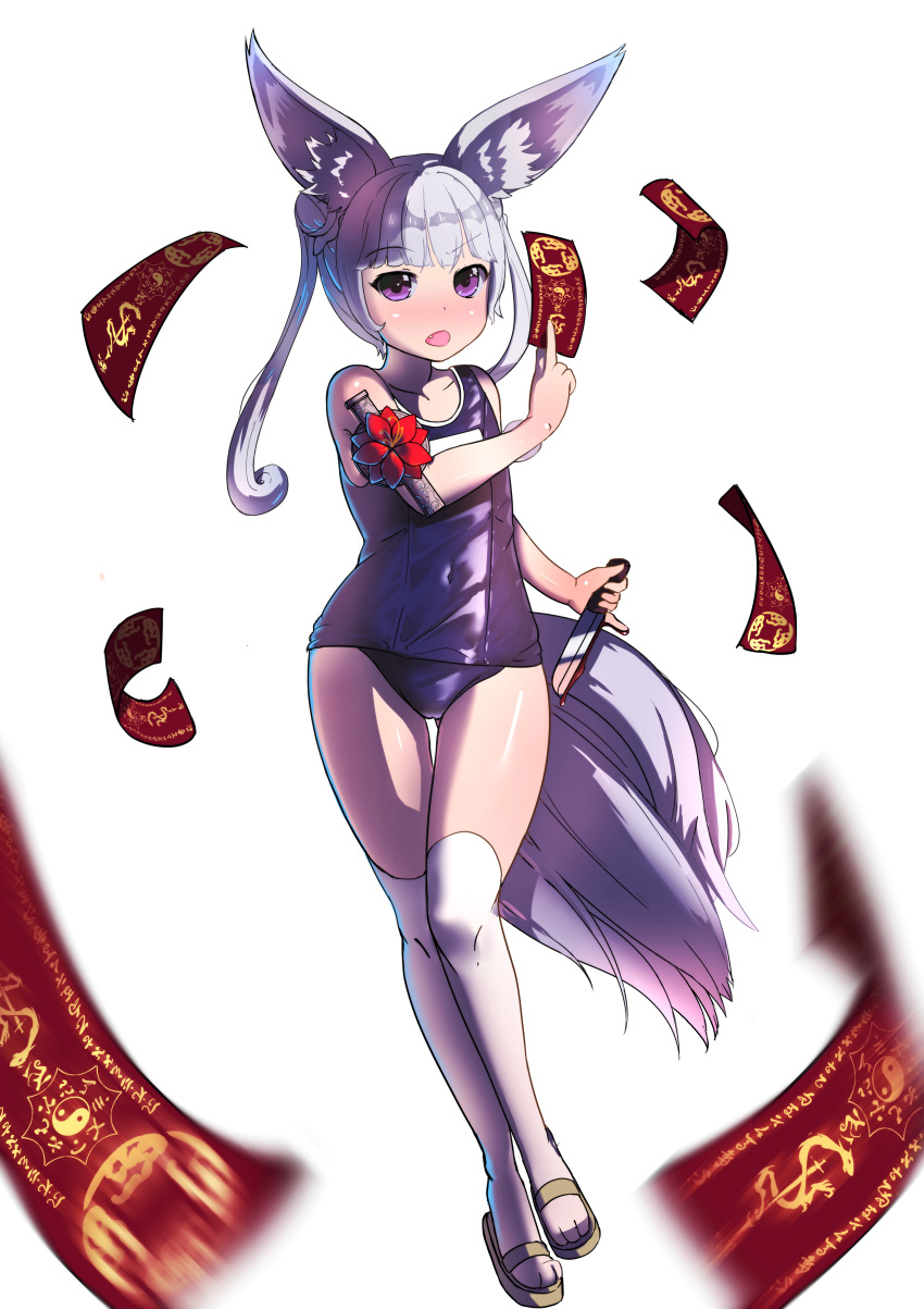 absurdres animal_ears arm_up blade_&amp;_soul blood double_bun fang fox_ears fox_tail full_body hair_bun highres knife long_hair lyn_(blade_&amp;_soul) ofuda one-piece_swimsuit open_mouth paws sandals school_swimsuit silver_hair simple_background swimsuit tail thigh-highs twintails violet_eyes weapon white_background white_legwear