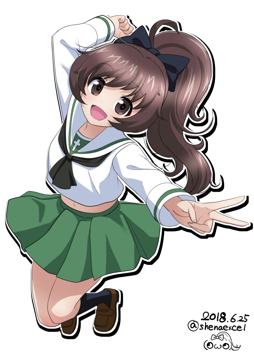 1girl :d absurdres akiyama_yukari alternate_hair_length alternate_hairstyle arms_up bangs black_bow black_legwear black_neckwear blouse bow brown_eyes brown_footwear brown_hair clenched_hand commentary dated excel_(shena) foreshortening full_body girls_und_panzer green_skirt hair_bow highres jumping loafers long_hair long_sleeves looking_at_viewer messy_hair midriff miniskirt navel neckerchief ooarai_school_uniform open_mouth pleated_skirt ponytail school_uniform serafuku shoes silhouette simple_background skirt smile socks solo twitter_username v watermark white_background white_blouse