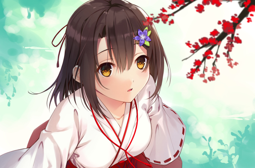 1girl akanebi brown_eyes brown_hair day flower hair_between_eyes hair_flower hair_ornament hair_ribbon hakama japanese_clothes kimono long_hair miko open_mouth original outdoors purple_flower red_hakama red_ribbon ribbon solo upper_body white_kimono