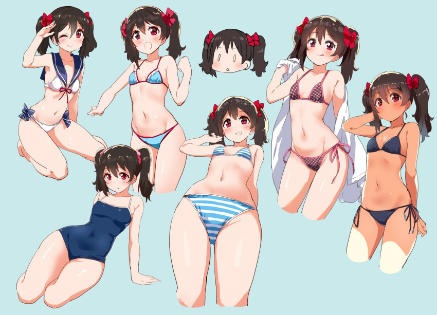 0_0 1girl :q arm_behind_back arm_support arm_up bangs bare_arms bare_shoulders barefoot bikini black_bikini black_hair blue_background blue_bikini blue_bow blue_sailor_collar blue_swimsuit blush bow breasts chibi closed_mouth collarbone commentary contrapposto covered_navel cowboy_shot cropped_legs eyebrows_visible_through_hair frilled_bikini_top from_below groin hair_between_eyes hair_bow hand_in_hair hand_up head_tilt holding holding_towel kurokawa_makoto looking_at_viewer love_live! love_live!_school_idol_project medium_hair multiple_views navel new_school_swimsuit one-piece_swimsuit one_eye_closed open_mouth outstretched_arm plaid plaid_bikini reclining red_bow red_eyes red_ribbon ribbon sailor_bikini sailor_collar school_swimsuit shade shiny shiny_hair shiny_skin side-tie_bikini simple_background small_breasts smile spaghetti_strap standing stomach string_bikini striped striped_bikini swimsuit thighs tongue tongue_out towel twintails white_bikini white_towel yazawa_nico