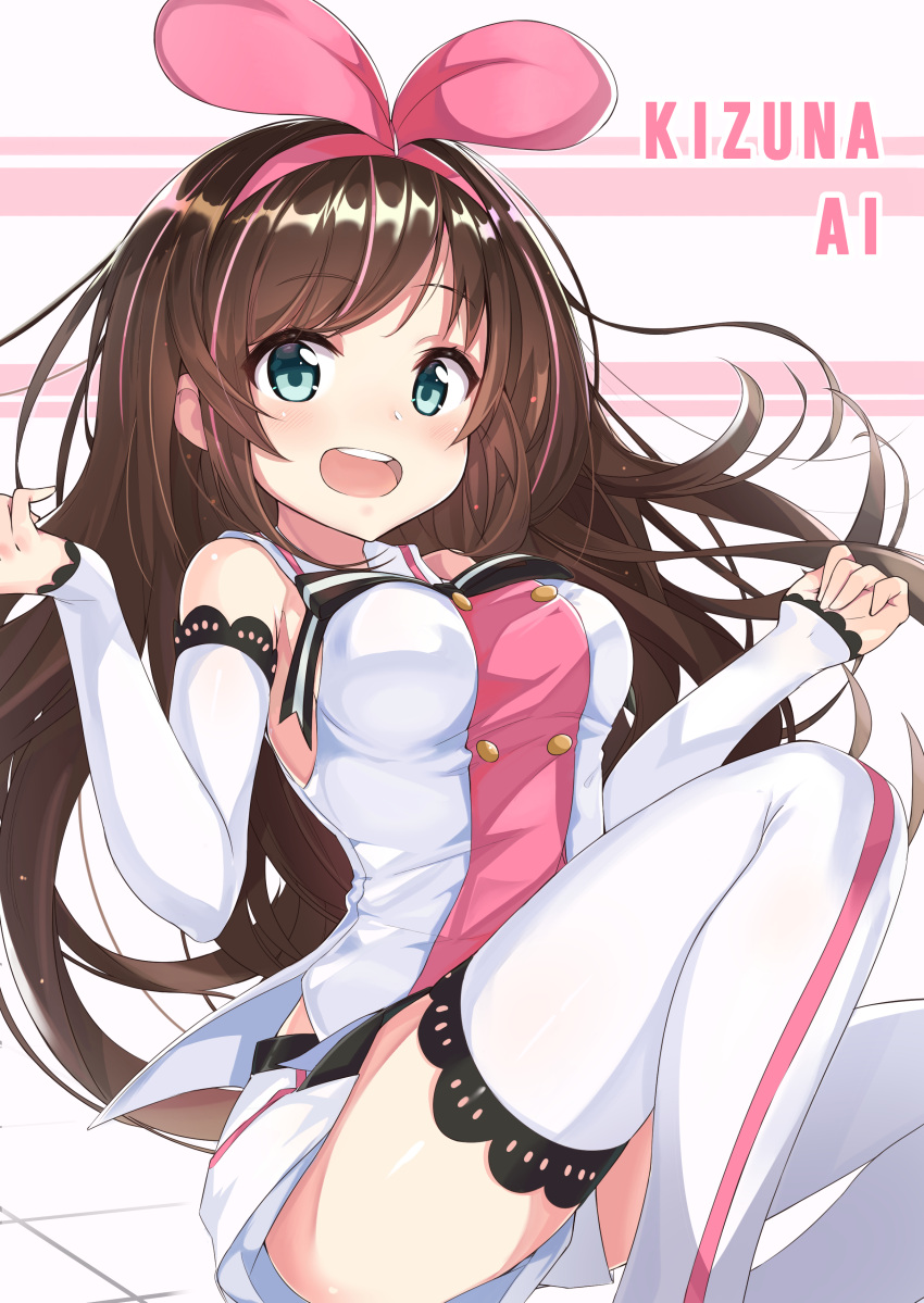 1girl :d a.i._channel absurdres bangs bare_shoulders blue_eyes blush breasts brown_hair character_name commentary_request detached_sleeves eyebrows_visible_through_hair highres kizuna_ai long_hair long_sleeves looking_at_viewer medium_breasts multicolored_hair ohshit open_mouth pink_hair round_teeth shirt short_shorts shorts sleeveless sleeveless_shirt sleeves_past_wrists smile solo streaked_hair teeth thigh-highs upper_teeth very_long_hair virtual_youtuber white_background white_legwear white_shirt white_shorts