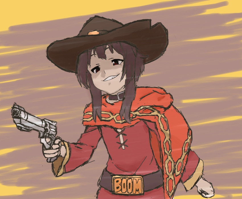 adapted_costume alternate_costume belt_buckle buckle cellix cosplay cowboy_hat crossover english epic gun handgun hat highres kono_subarashii_sekai_ni_shukufuku_wo! mccree_(overwatch) mccree_(overwatch)_(cosplay) megumin meme multicolored multicolored_background overwatch revolver smug weapon what