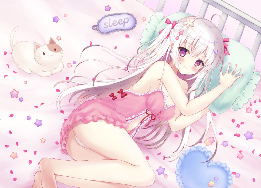 1girl absurdres ahoge animal arms_up babydoll bangs bare_arms bare_legs bare_shoulders barefoot bed blush bow breasts cat cleavage closed_mouth commentary_request english eyebrows_visible_through_hair fingernails frilled_pillow frills hair_between_eyes hair_bow heart heart_pillow highres kiyui_(honey_citron) long_hair lying medium_breasts on_bed on_side original panties petals pillow pink_babydoll red_bow red_eyes red_ribbon ribbon sidelocks silver_hair sleep_mask smile soles solo star two_side_up underwear underwear_only very_long_hair white_panties