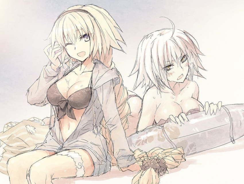 2girls ahoge bare_shoulders bikini bikini_top_removed black_bikini blonde_hair blush braid breasts cleavage collarbone commentary_request eyebrows_visible_through_hair fate/grand_order fate_(series) floater hair_ornament hairband hood hooded_jacket jacket jeanne_d'arc_(alter)_(fate) jeanne_d'arc_(alter_swimsuit_berserker) jeanne_d'arc_(fate) jeanne_d'arc_(fate)_(all) konoe_ototsugu large_breasts long_hair looking_at_viewer multiple_girls one_eye_closed open_clothes open_jacket open_mouth short_hair simple_background single_braid sitting smile swimsuit very_long_hair violet_eyes wet wet_clothes wet_swimsuit white_hair yellow_eyes