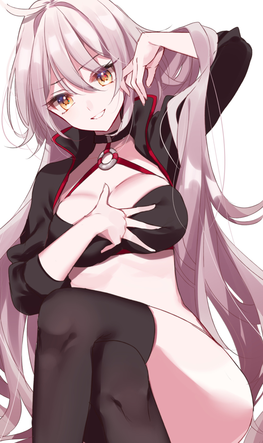 1girl ahoge bangs black_bikini_top black_jacket black_legwear blush breasts choker cleavage collarbone cropped_jacket fate/grand_order fate_(series) grin hair_between_eyes hand_in_hair hand_on_own_chest highres jacket jeanne_d'arc_(alter)_(fate) jeanne_d'arc_(fate)_(all) large_breasts legs_crossed long_hair looking_at_viewer misumi_(macaroni) o-ring silver_hair simple_background smile solo thighs very_long_hair waist white_background yellow_eyes