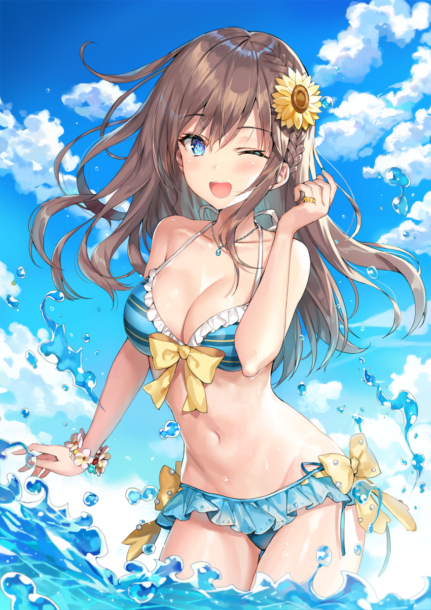 1girl ;d bangs bikini blue_bikini blue_eyes blue_sky bracelet braid breasts brown_hair cleavage clouds cloudy_sky commentary_request day eyebrows_visible_through_hair flower frilled_bikini frills hair_between_eyes hair_flower hair_ornament hand_up highres jewelry legs_together long_hair looking_at_viewer medium_breasts momoko_(momopoco) navel one_eye_closed open_mouth original outdoors ring side_braid sky smile solo striped striped_bikini sunflower sunflower_hair_ornament swimsuit teeth thighs wading water wet