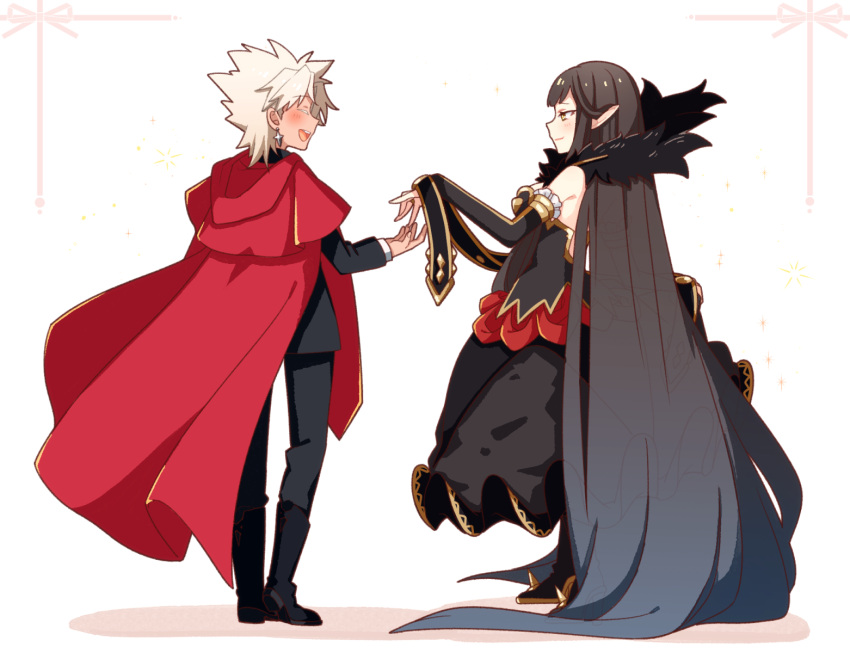 1boy 1girl :d absurdly_long_hair amakusa_shirou_(fate) black_dress black_hair boots closed_eyes commentary_request cross cross_earrings dark_skin detached_sleeves dress earrings fate/apocrypha fate_(series) fur_trim highres hood hood_down jewelry long_hair looking_at_another open_mouth pointy_ears ponita red_cloak semiramis_(fate) smile spiky_hair very_long_hair white_hair yellow_eyes