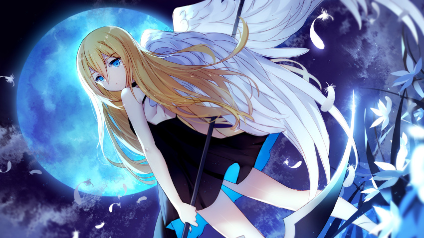 1girl bangs bison_cangshu black_dress blonde_hair blue_eyes closed_mouth clouds commentary_request dress dutch_angle eyebrows_visible_through_hair feathered_wings feathers flower full_moon hair_between_eyes highres holding long_hair looking_at_viewer looking_back moon night night_sky outdoors rachel_gardner satsuriku_no_tenshi short_dress sky sleeveless sleeveless_dress solo standing very_long_hair white_feathers white_flower white_wings wings