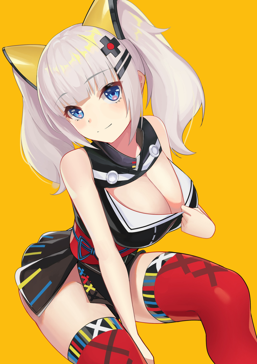 1girl bangs bare_shoulders between_legs black_dress blue_eyes breasts cleavage cleavage_cutout closed_mouth commentary_request dress eyebrows_visible_through_hair hair_ornament hairclip hand_between_legs highres kaguya_luna kaguya_luna_(character) large_breasts loading_(vkjim0610) long_hair looking_at_viewer obi orange_background red_legwear sash silver_hair simple_background sitting sleeveless sleeveless_dress smile solo thigh-highs twintails virtual_youtuber