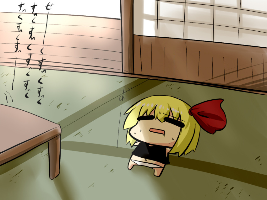 1girl architecture chibi comic commentary_request drooling east_asian_architecture floor hair_ribbon highres lying navel no_pants on on_back open_mouth outstretched_arms panties ribbon rumia saliva shadow sleeping sliding_doors solo spread_arms sunlight sweat sweating_profusely table tatami touhou translation_request undershirt underwear