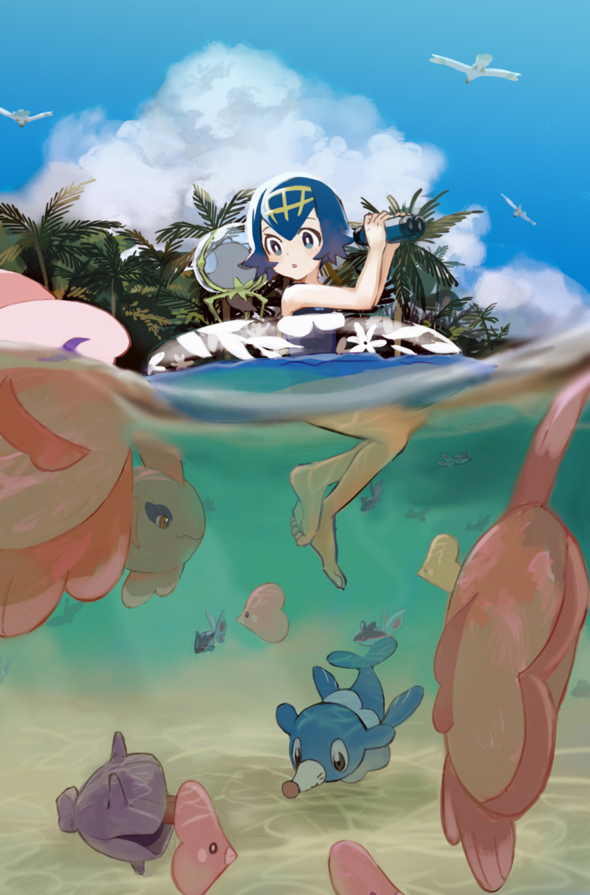 1girl alomomola barefoot binoculars blue_eyes blue_hair blue_sky clouds day dewpider finneon gen_1_pokemon gen_3_pokemon gen_4_pokemon gen_5_pokemon gen_7_pokemon hairband highres holding_binoculars innertube linaria_(ookinahitomi) looking_to_the_side luvdisc one-piece_swimsuit palm_tree parted_lips pokemon pokemon_(creature) pokemon_(game) pokemon_sm popplio shellder short_hair sky suiren_(pokemon) swimsuit tree trial_captain water wingull