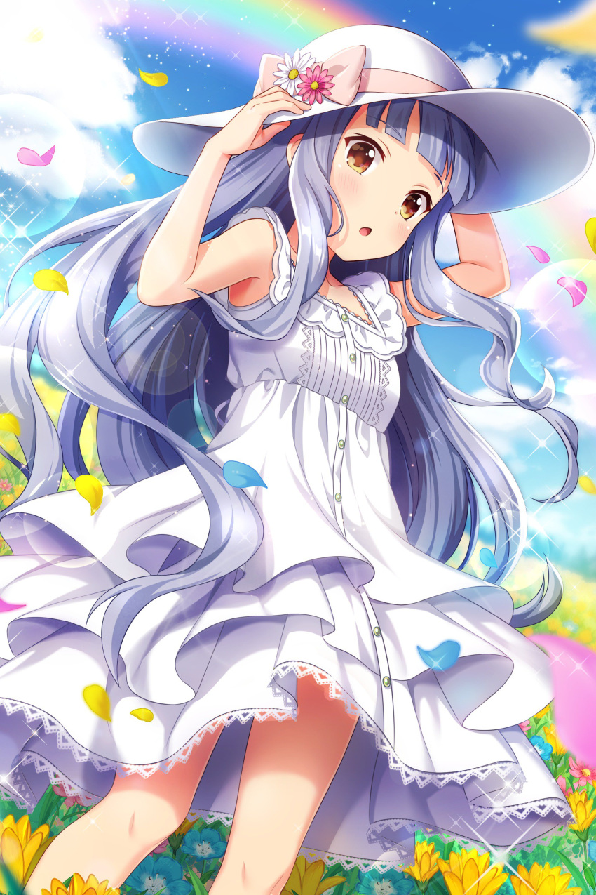 1girl absurdres adjusting_clothes adjusting_hat alternative_girls bangs blue_flower blunt_bangs blush bow breasts brown_eyes buttons clouds cloudy_sky day dress flower grey_hair hat hat_bow hat_flower highres hiiragi_tsumugi layered_dress long_hair looking_at_viewer medium_breasts official_art open_mouth outdoors pink_bow pink_flower pink_petals rainbow sky standing sun_hat very_long_hair wavy_hair white_dress white_hat yellow_flower yellow_petals