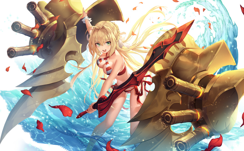 1girl :d absurdres aestus_estus ahoge alternate_costume bangs bikini blonde_hair blush braid breasts cleavage day eyebrows_visible_through_hair fate/extra fate/grand_order fate_(series) floating_hair godoju green_eyes hair_intakes hair_ribbon highres holding holding_sword holding_weapon large_breasts leaning_forward leotard light_particles long_hair looking_at_viewer machinery medium_breasts nero_claudius_(fate)_(all) nero_claudius_(swimsuit_caster)_(fate) open_mouth outdoors partially_submerged petals ribbon rigging sandals sidelocks smile solo splashing swimsuit sword thighs weapon