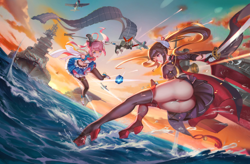 2girls absurdres aircraft aircraft_carrier airplane azur_lane battleship boots bow breasts brown_hair cannon cape crop_top god_hunter hair_bow haruna_(azur_lane) highres horns katana large_breasts legs long_legs midriff military military_vehicle multiple_girls navel ocean panties pantyhose pantyshot pink_eyes pink_hair plaid plaid_skirt red_eyes saratoga_(azur_lane) ship skirt skirt_lift small_breasts staff sunset sword thigh-highs thigh_boots thighs twintails underwear warship watercraft weapon wind wind_lift
