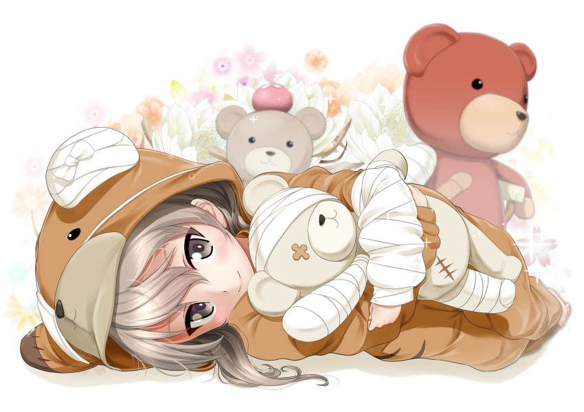 1girl absurdres animal_costume bandage bangs bear_costume blurry blurry_background boko_(girls_und_panzer) brown_eyes closed_mouth commentary_request excel_(shena) floral_background girls_und_panzer highres holding holding_stuffed_animal light_brown_hair looking_at_viewer lying on_side onesie pajamas shimada_arisu short_hair smile solo sparkle stuffed_animal stuffed_toy teddy_bear