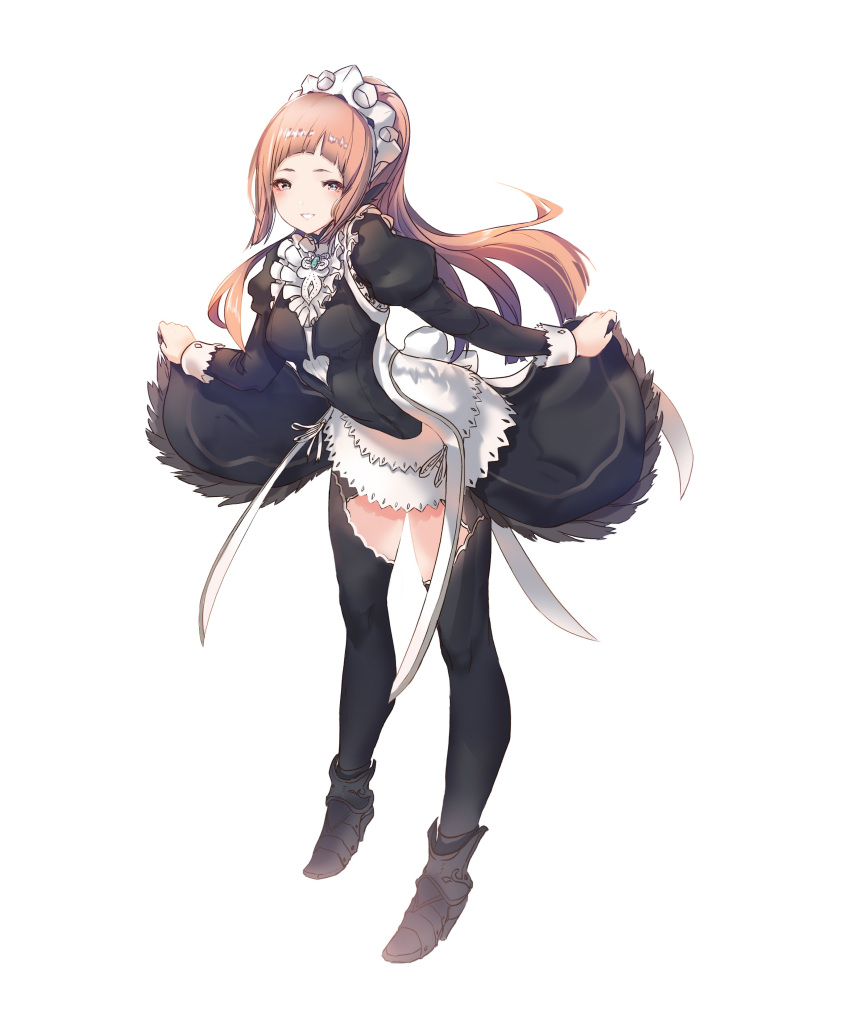1girl absurdres black_legwear felicia_(fire_emblem_if) fire_emblem fire_emblem_if full_body highres juliet_sleeves long_hair long_sleeves maid maid_headdress parted_lips pink_hair ponytail puffy_sleeves simple_background solo standing thigh-highs white_background xeirn zettai_ryouiki