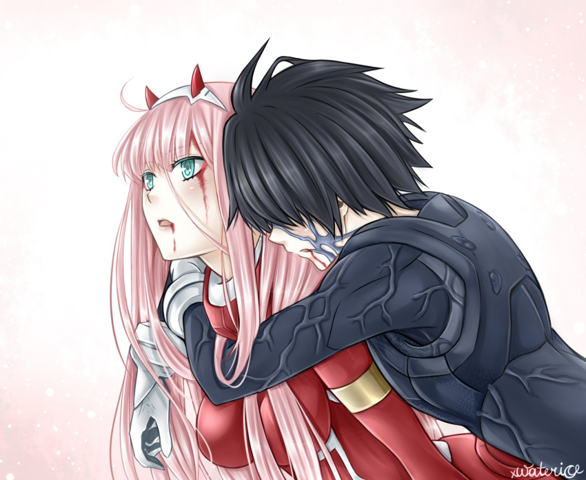 1boy 1girl arm_over_shoulder bangs black_bodysuit black_hair blood blood_from_mouth blood_on_face bodysuit breasts commentary commentary_request couple darling_in_the_franxx english_commentary eyebrows_visible_through_hair facial_scar gloves green_eyes hair_ornament hairband hand_on_own_arm hetero highres hiro_(darling_in_the_franxx) horns hug hug_from_behind long_hair medium_breasts oni_horns pilot_suit pink_hair red_bodysuit red_horns scar short_hair signature white_gloves white_hairband xwaterice zero_two_(darling_in_the_franxx)