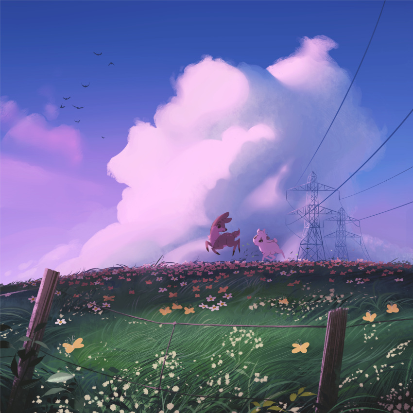 bird bug butterfly clouds danfango day deer fence field flower goat grass highres insect landscape no_humans original outdoors power_lines scenery sky