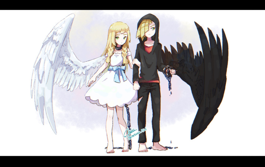 1boy 1girl alternate_costume angel_wings barefoot black_hoodie black_pants blonde_hair blue_bow bow braid brother_and_sister chains closed_mouth dress gladio_(pokemon) green_eyes hair_over_one_eye highres hood hood_up hoodie lillie_(pokemon) long_hair miu_(miuuu_721) pants pokemon pokemon_(game) pokemon_sm red_shirt shirt short_hair siblings signature simple_background standing torn_clothes torn_pants twin_braids twitter_username white_background white_dress wings