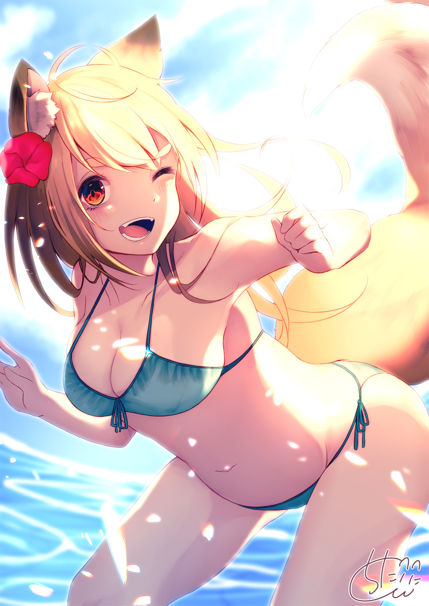 1girl ;d animal_ears bangs bikini blue_bikini blue_sky blurry blurry_background breasts chita_(ketchup) cleavage clouds commentary_request day depth_of_field eyebrows_visible_through_hair fangs flower fox_ears fox_girl fox_tail front-tie_bikini front-tie_top hair_flower hair_ornament highres large_breasts leaning_forward light_brown_hair long_hair looking_at_viewer navel one_eye_closed open_mouth original outdoors petals red_eyes red_flower side-tie_bikini signature sky smile solo swimsuit tail thick_eyebrows very_long_hair water