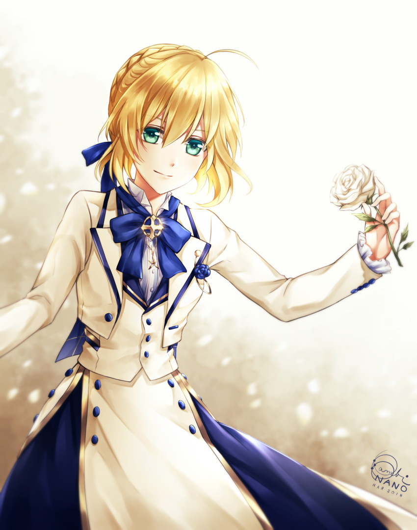 1girl 2018 ahoge artoria_pendragon_(all) bambi_nano blonde_hair blue_bow blue_ribbon bow bowtie fate/stay_night fate_(series) floating_hair green_eyes hair_between_eyes hair_ribbon highres jacket long_skirt pixiv_fate/grand_order_contest_2 ribbon saber short_hair signature skirt smile solo standing white_background white_jacket