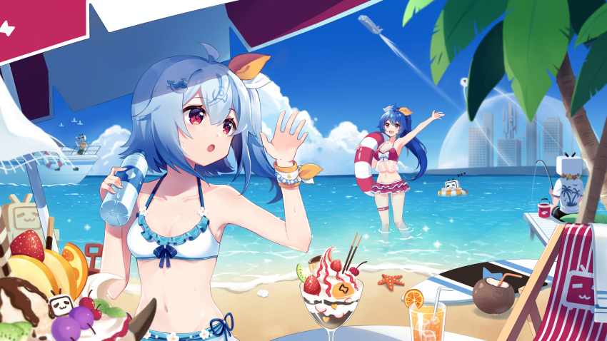 2girls beach beach_chair beach_umbrella bili_girl_22 bili_girl_33 bilibili_douga blush boat bottle breasts cleavage collarbone cup drinking_glass drinking_straw eyebrows_visible_through_hair fishing fishing_rod highres holding holding_bottle holding_innertube innertube large_breasts long_hair looking_at_another medium_breasts multiple_girls ocean open_mouth parted_lips ponytail red_eyes sharlorc short_hair short_ponytail shovel side_ponytail smile standing starfish umbrella very_long_hair water_bottle watercraft