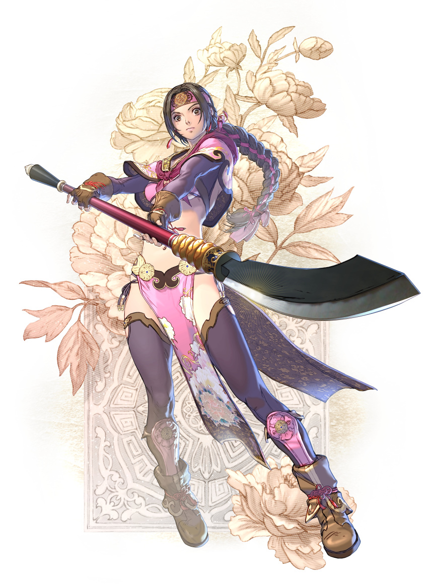 1girl absurdres boots brown_eyes brown_hair closed_mouth female fingerless_gloves flower full_body gloves headband highres holding holding_naginata holding_polearm holding_weapon long_hair looking_at_viewer naginata official_art pelvic_curtain polearm seong_mi-na serious solo soul_calibur soulcalibur_vi thigh-highs thighhighs weapon