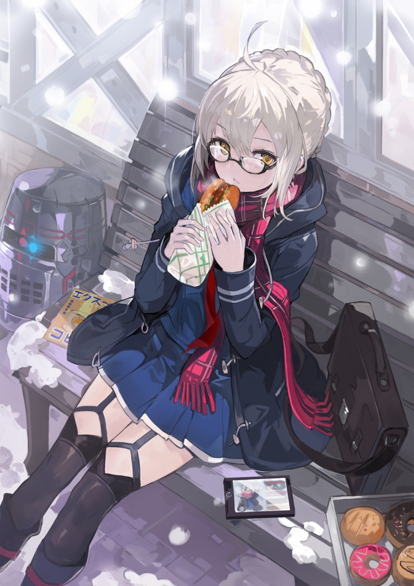 1girl ahoge andrian_gilang artoria_pendragon_(all) bench black-framed_eyewear black_coat black_legwear blue_shirt blue_skirt braid cellphone coat commentary_request doughnut fate/grand_order fate_(series) food fringe garter_straps glasses highres holding holding_food hood hood_down hooded_coat looking_at_viewer mysterious_heroine_x_(alter) on_bench open_clothes open_coat orange_eyes park_bench parted_lips pastry_box phone plaid plaid_scarf pleated_skirt red_scarf scarf school_briefcase semi-rimless_eyewear shirt sidelocks silver_hair sitting sitting_on_bench skirt smartphone snow solo thigh-highs under-rim_eyewear