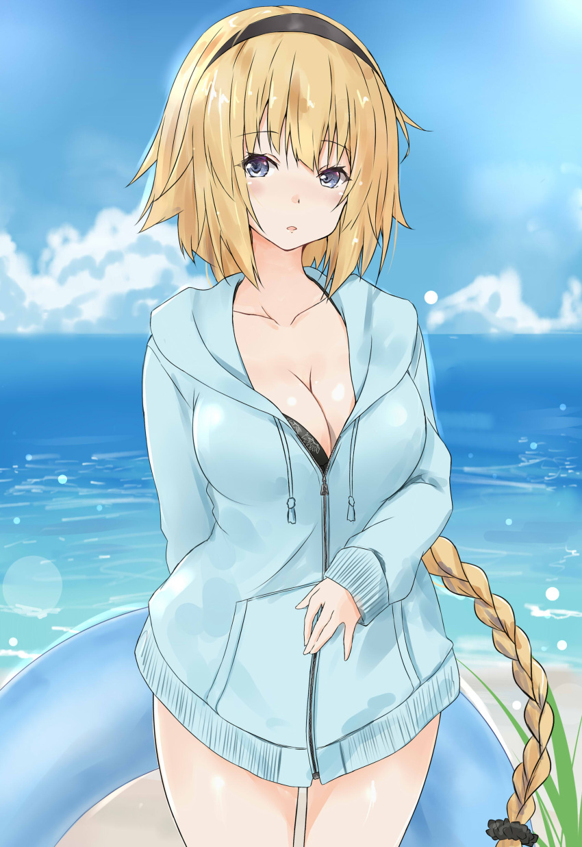 1girl absurdres arm_behind_back bikini black_bikini blonde_hair blue_eyes blue_jacket braid clouds cloudy_sky commentary_request cowboy_shot eyebrows_visible_through_hair fate/grand_order fate_(series) floral_print highres hood hooded_jacket innertube jacket jeanne_d'arc_(fate) jeanne_d'arc_(fate)_(all) long_braid long_hair looking_at_viewer ocean outdoors parted_lips saku_(kudrove) single_braid sky swimsuit thighs very_long_hair water