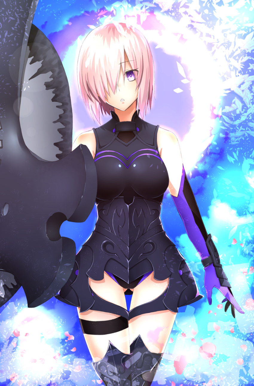 1girl armor armored_boots armored_leotard black_leotard boots breasts breasts_apart cowboy_shot elbow_gloves eyebrows_visible_through_hair fate/grand_order fate_(series) gloves gluteal_fold hair_over_one_eye highres large_breasts leotard looking_at_viewer mash_kyrielight nakoya_(nane_cat) parted_lips pink_hair purple_gloves shield shiny shiny_clothes short_hair solo standing thigh-highs thigh_boots thigh_gap violet_eyes